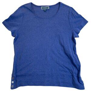 Karen Scott Women's Top XL Blue Short-Sleeve Cotton With Button Detail Hem